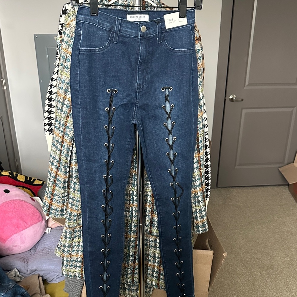 Free People Dark Blue Lace-Up Skinny Jeans